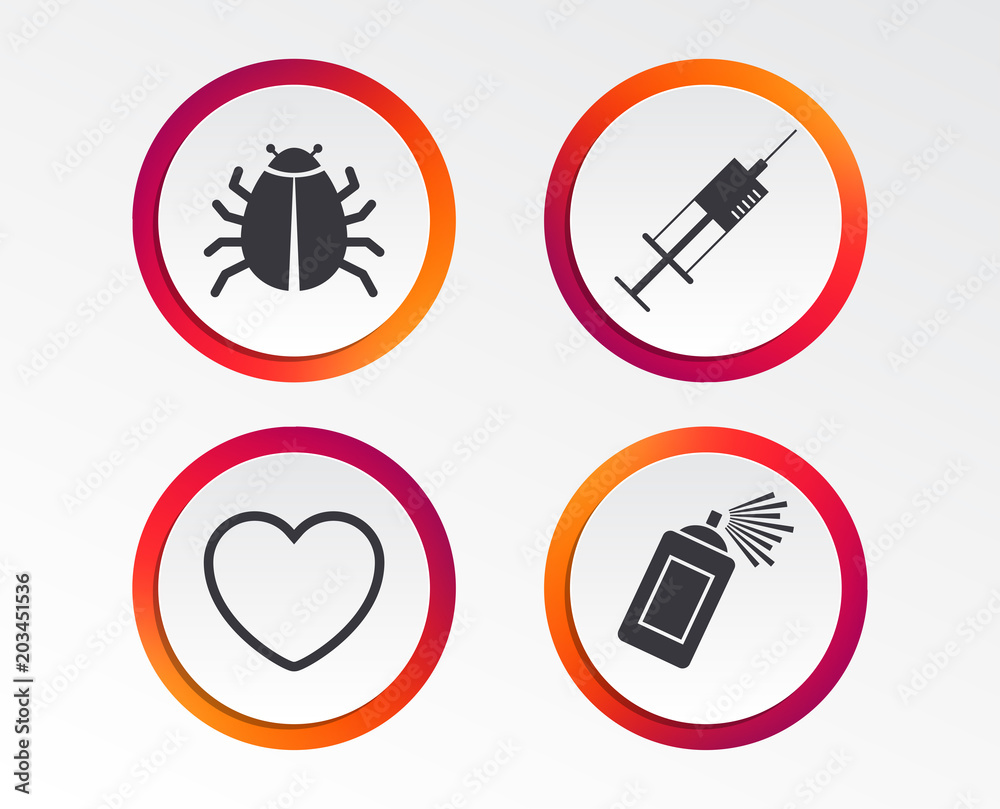 Bug and vaccine syringe injection icons. Heart and spray can sign symbols. Infographic design buttons. Circle templates. Vector Bug and vaccine syringe injection icons. Heart and spray can sign symbols. Infographic design buttons. Circle templates. Vector