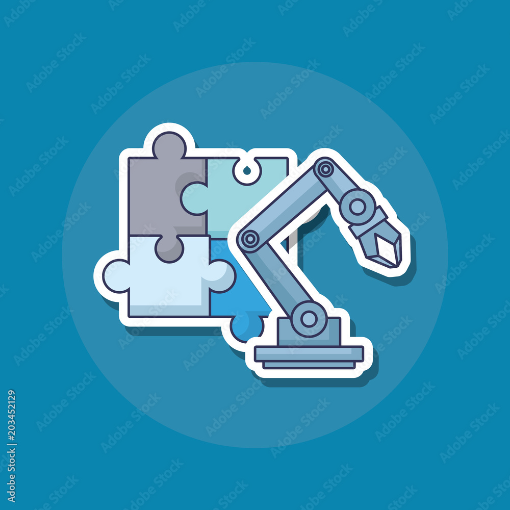 robotic arm and puzzle pieces over blue background, colorful design. vector illustration robotic arm and puzzle pieces over blue background, colorful design. vector illustration