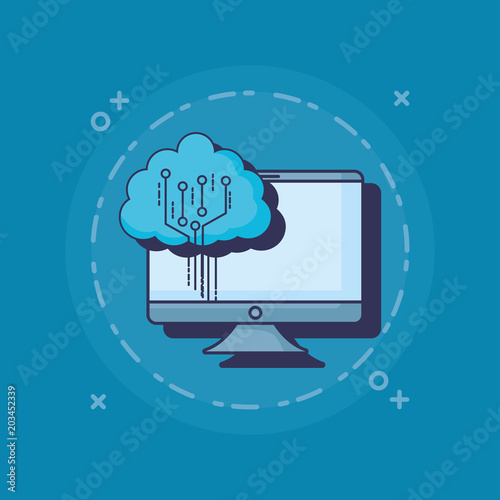 cloud storage and computer over blue background, colorful design. vector illustration