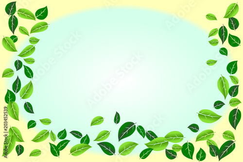 Environmental conservation concept. Loose leaves border frame on gradient green and yellow colored background. Vector illustration, EPS 10. Use as backdrop, wallpaper, montage for graphic design, etc.