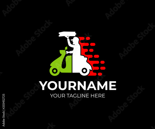 Fast delivery pizza man on scooter and the Italian flag, logo template. Man working the pizza courier, delivery fast food, vector design. Italian pizza home delivery, illustration