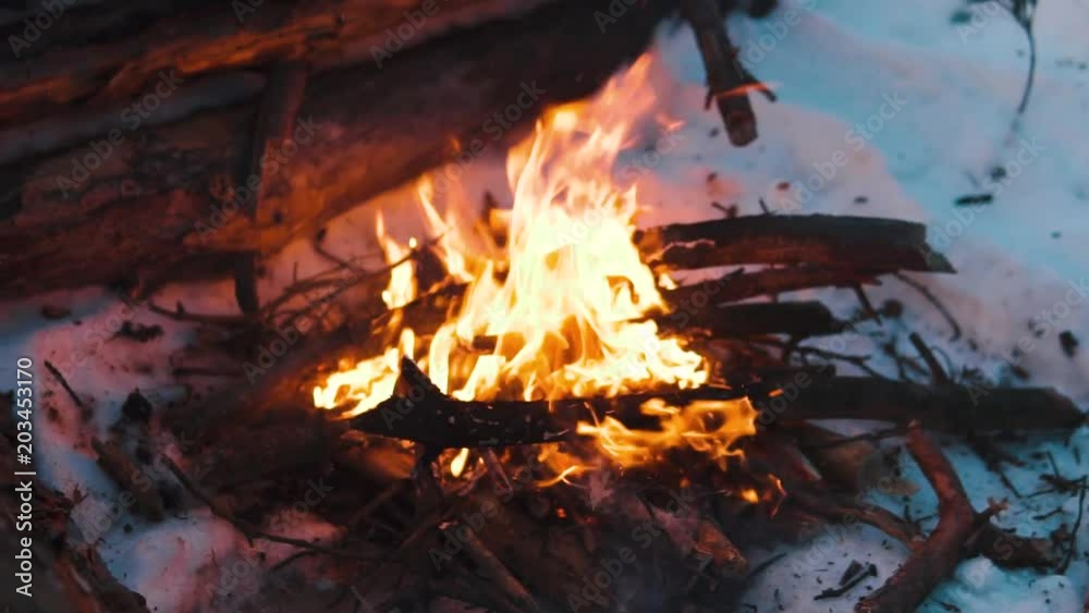 Campfire in the winter forest in slow-motion, travel survival concept, winter fun expedition, hiking and active lifestyle Campfire in the winter forest in slow-motion, travel survival concept, winter fun expedition, hiking and active lifestyle
