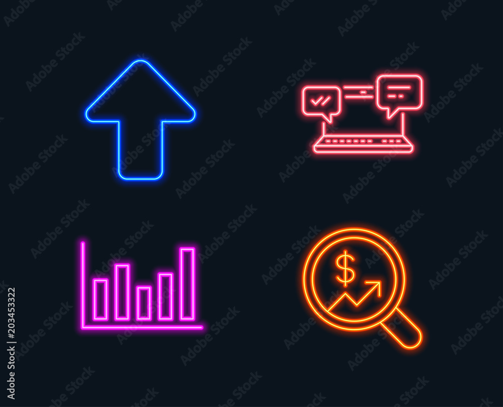 Neon lights. Set of Internet chat, Column chart and Upload icons. Currency audit sign. Online communication, Financial graph, Load arrowhead. Money chart. Glowing graphic designs. Vector Neon lights. Set of Internet chat, Column chart and Upload icons. Currency audit sign. Online communication, Financial graph, Load arrowhead. Money chart. Glowing graphic designs. Vector