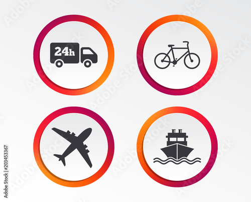Cargo truck and shipping icons. Shipping and eco bicycle delivery signs. Transport symbols. 24h service. Infographic design buttons. Circle templates. Vector