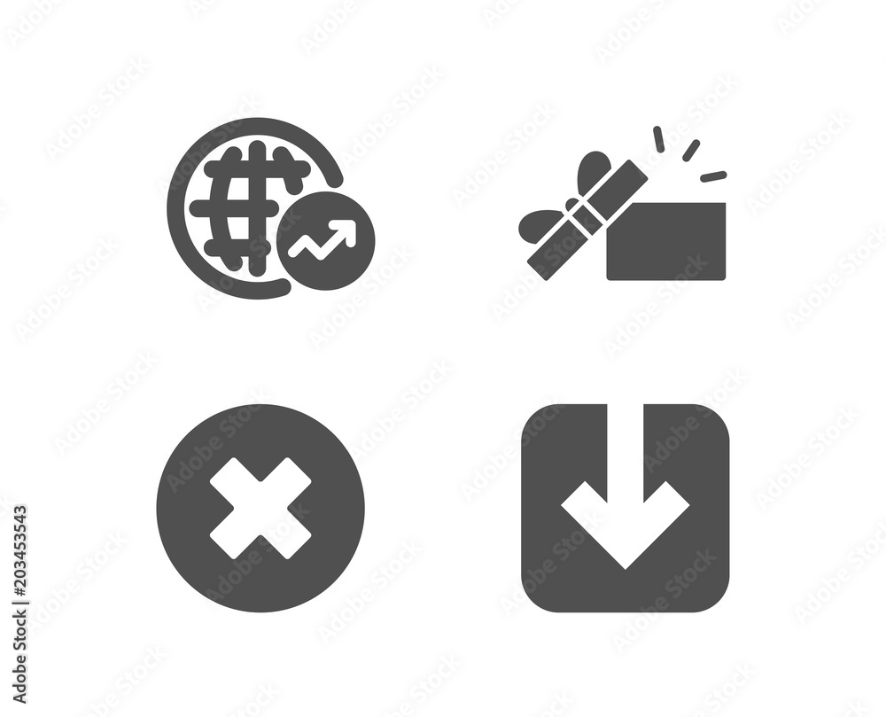 Set of World statistics, Opened gift and Close button icons. Load document sign. Global report, Present box, Delete or decline. Download arrowhead. Quality design elements. Classic style. Vector Set of World statistics, Opened gift and Close button icons. Load document sign. Global report, Present box, Delete or decline. Download arrowhead. Quality design elements. Classic style. Vector