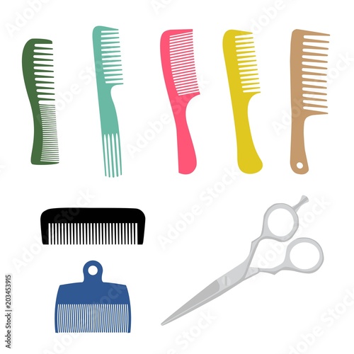 Vector illustration. Silhouette comb and scissors set, barber comb, green plastic comb. Barber scissors. Scissor for haircut.