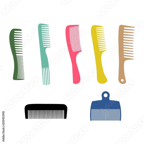 Vector illustration. Silhouette combs set, barber comb, colour plastic comb.