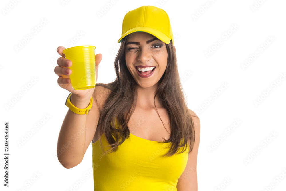 Brazilian woman fan celebrating on soccer match on white background. Brazilian woman fan celebrating on soccer match on white background.