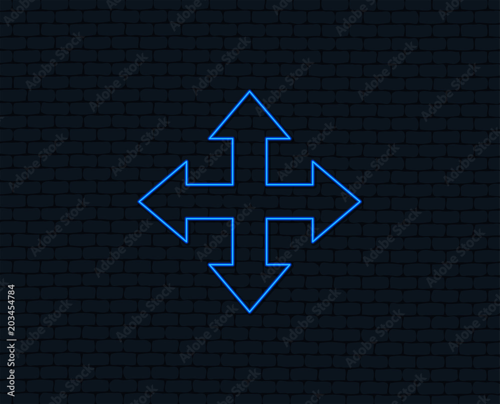 Neon light. Fullscreen sign icon. Arrows symbol. Icon for App. Glowing graphic design. Brick wall. Vector Neon light. Fullscreen sign icon. Arrows symbol. Icon for App. Glowing graphic design. Brick wall. Vector