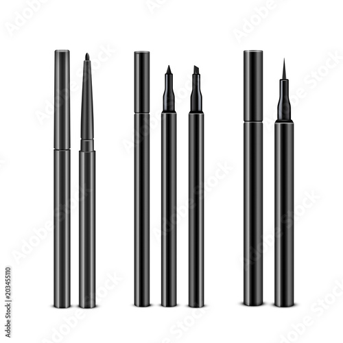 Vector Set of Diffrent Black Cosmetic Makeup Eyeliner Pencils with without Caps Isolated on White Background