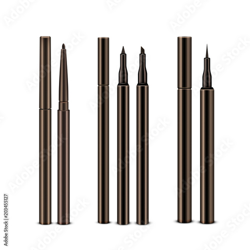 Vector Set of Diffrent Brown Cosmetic Makeup Eyeliner Pencils with without Caps Isolated on White Background
