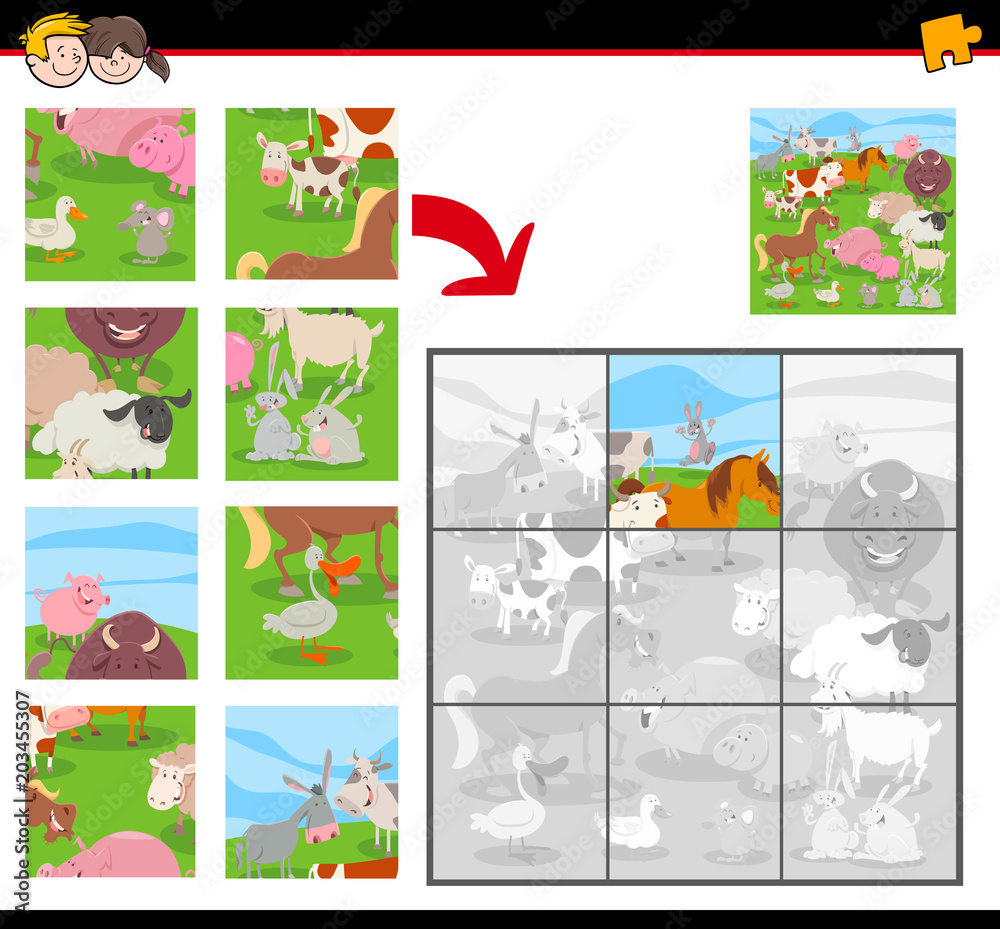 Naklejka premium puzzle z grupą zwierząt gospodarskich