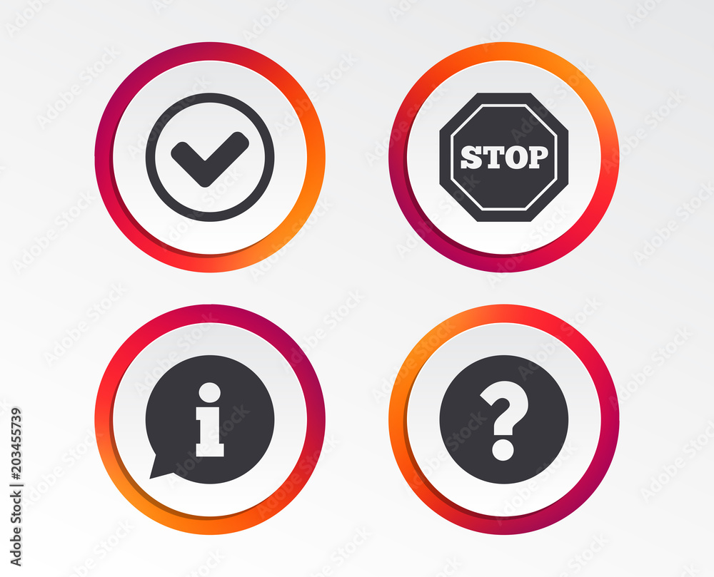 Information icons. Stop prohibition and question FAQ mark signs. Approved check mark symbol. Infographic design buttons. Circle templates. Vector Information icons. Stop prohibition and question FAQ mark signs. Approved check mark symbol. Infographic design buttons. Circle templates. Vector