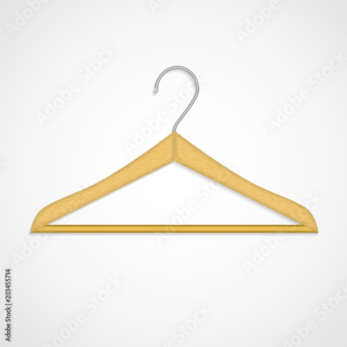 Coat rack, wooden texture realistic wardrobe vector symbol isolated on white. Clothing hanger, classic dressing room accessory. Sales and discounts shopping symbol. Apparel storage concept.