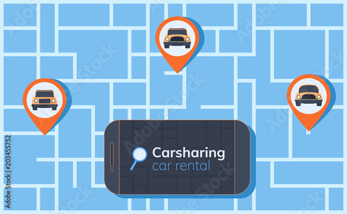 Carsharing service illustration. Map with geolocation mark, different cars and smartphone. Online rental car.