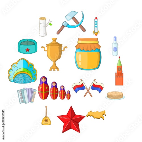 Russia icons set. Cartoon illustration of 16 Russia travel items vector icons for web
