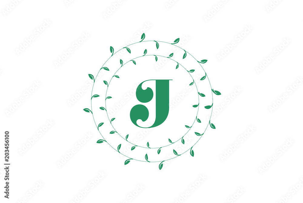 Letter J logo with round green leaves. Elegant floral monogram template design. Letter J logo with round green leaves. Elegant floral monogram template design.