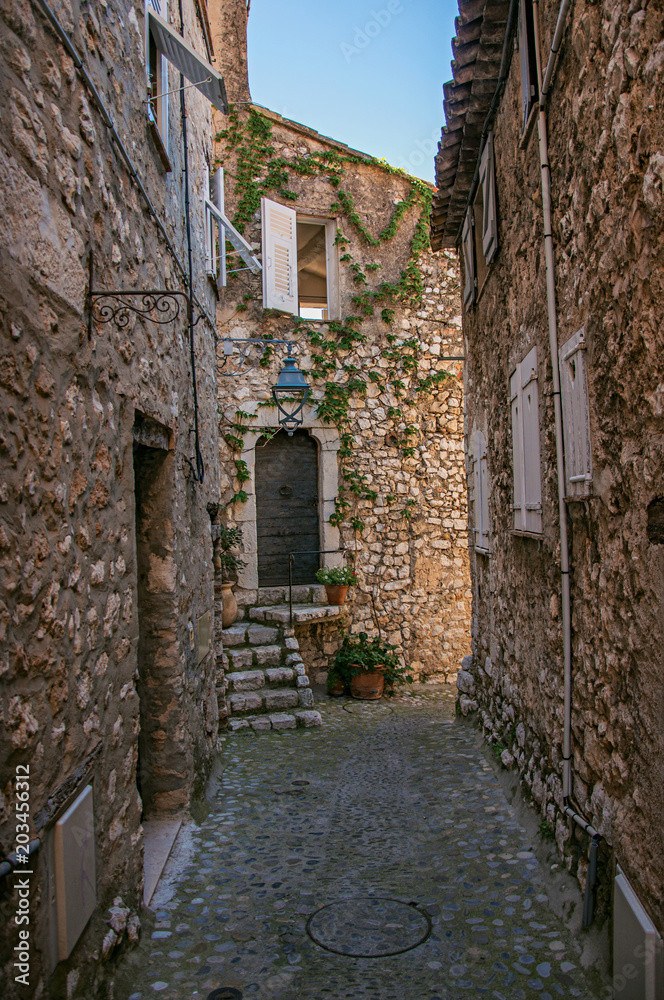 Alley view with stone walls, house and plants in Saint-Paul-de-Vence, a lovely well preserved medieval hamlet near Nice. Located in Alpes-Maritimes department, Provence region, southeastern France