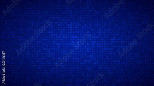 Abstract background of small squares or pixels of different sizes in blue colors.