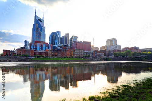 Nashville  Tennessee  USA downtown skyline on the Cumberland River.