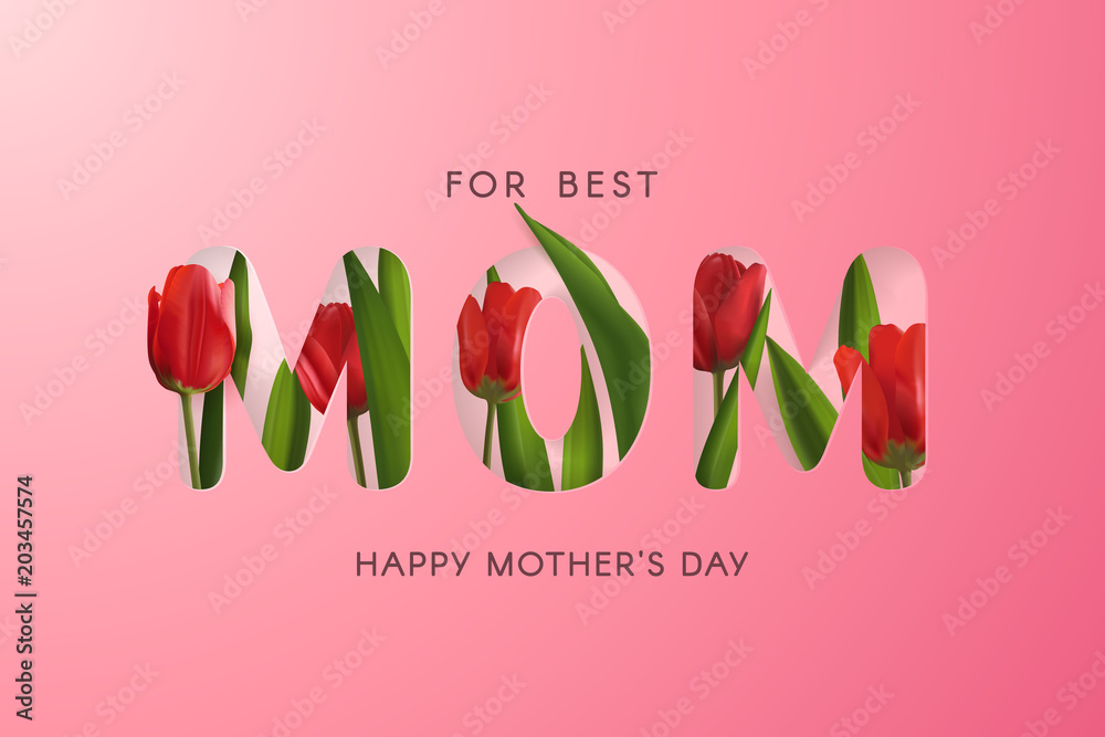 Template of greeting card for Mother’s day with vector red realistic tulips. Holiday pink background for design of flyers and banners with the text “Mom” which is cut out from paper.