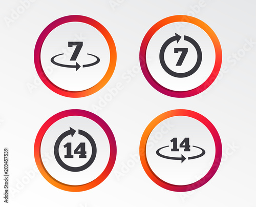 Return of goods within 7 or 14 days icons. Warranty 2 weeks exchange symbols. Infographic design buttons. Circle templates. Vector