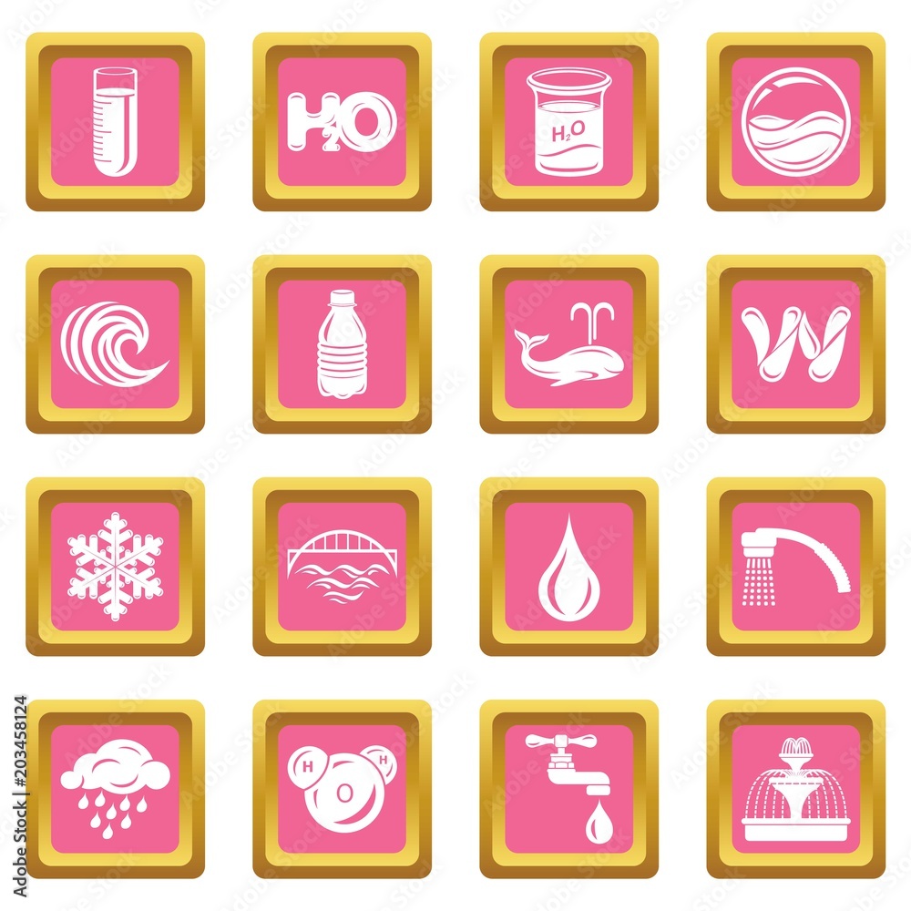 Water icons set vector pink square isolated on white background Water icons set vector pink square isolated on white background