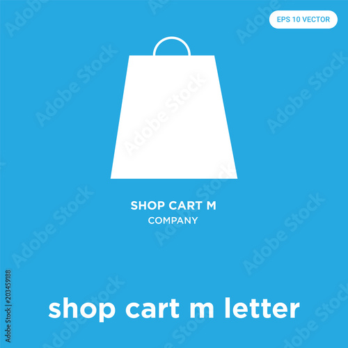 shop cart m letter icon isolated on blue background