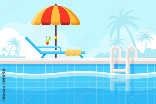Background with Swimming Pool, Parasol and Beach Chair. Flat Design Style. 