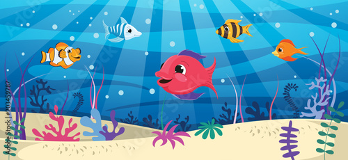 Fototapeta Naklejka Na Ścianę i Meble -  Vector Illustration Of Underwater World