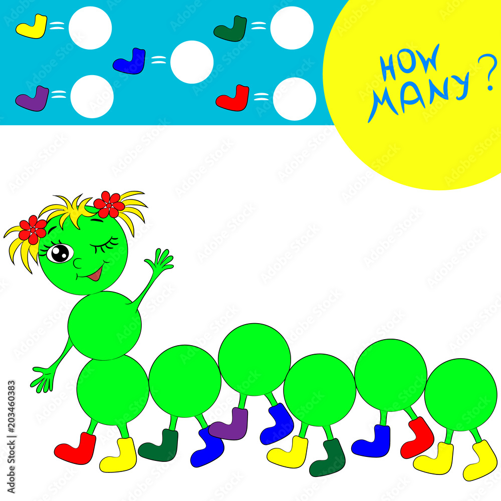 Fototapeta premium Counting game for preschool children. Count how many socks of a certain color on the caterpillar. 