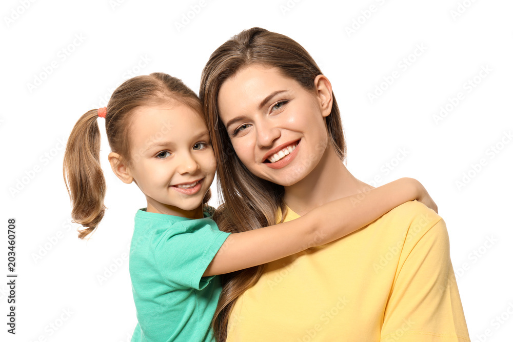 Portrait of mother and cute little daughter on white background Portrait of mother and cute little daughter on white background