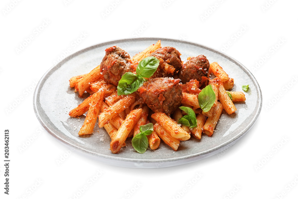 Delicious pasta with meatballs and tomato sauce on plate, isolated on white