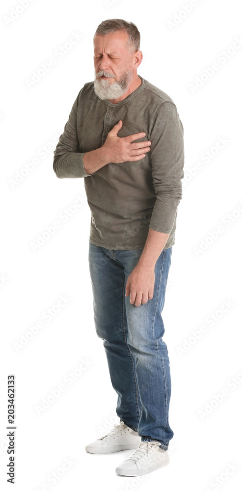Mature man having heart attack on white background Mature man having heart attack on white background