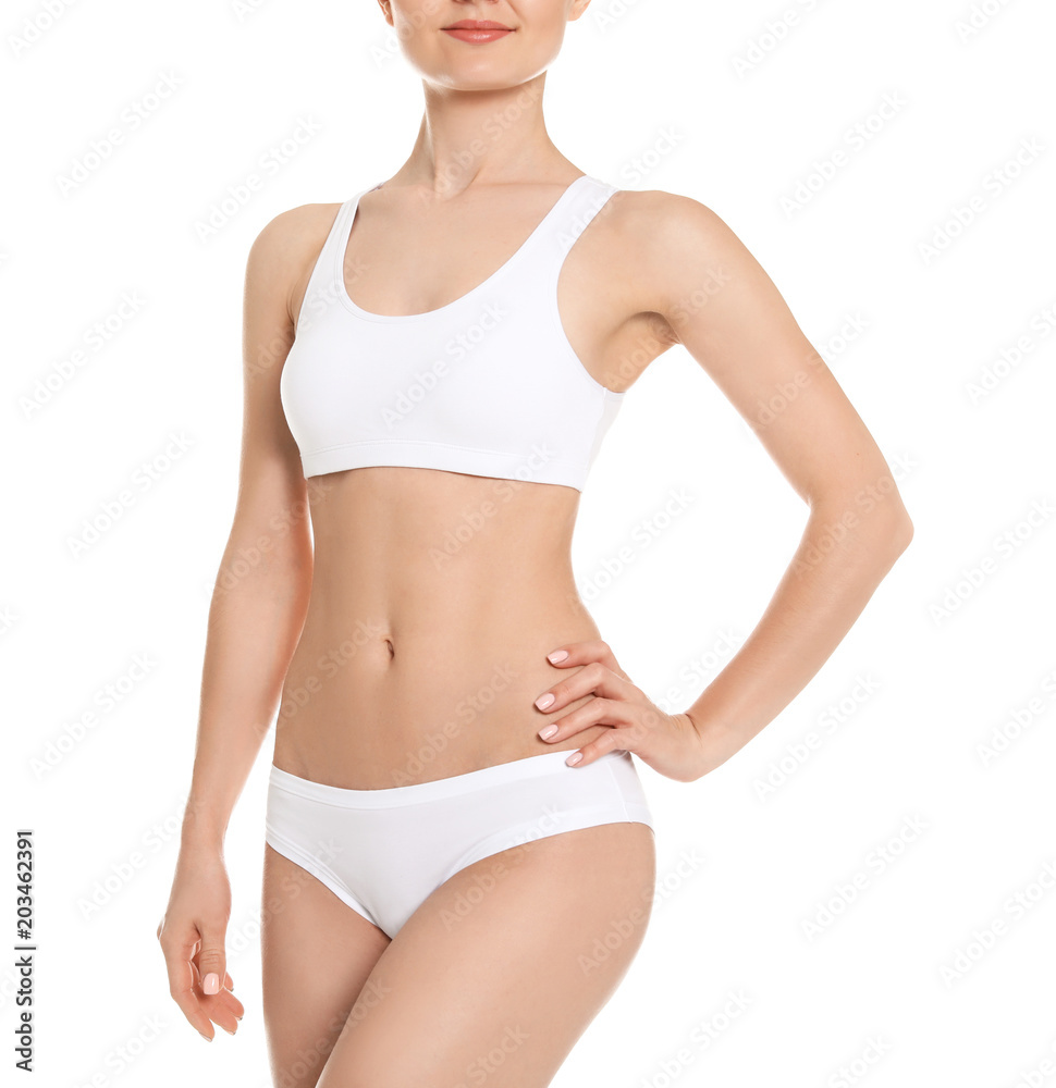 Young woman showing smooth silky skin after epilation on white background Young woman showing smooth silky skin after epilation on white background