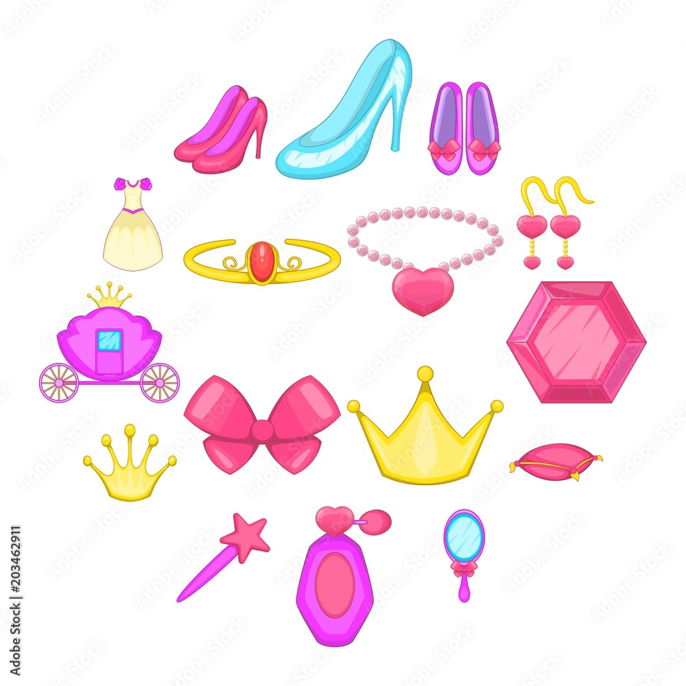 Princess doll icons set. Cartoon illustration of 16 princess doll vector icons for web