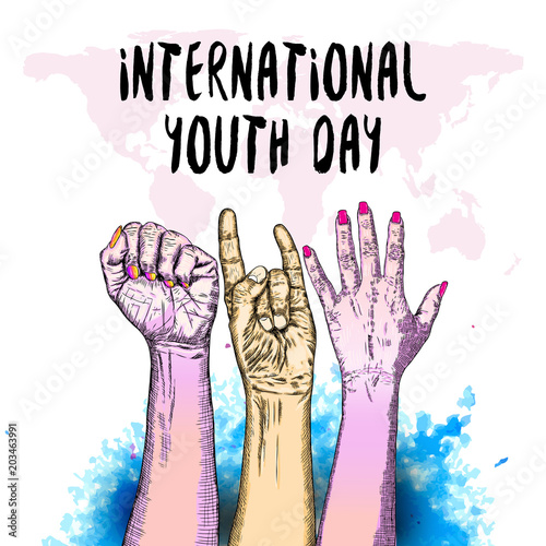 International Youth day design on annual 12 August celebration. Hand drawn sketch concept. Design of friendship day. Friends day. Vector.