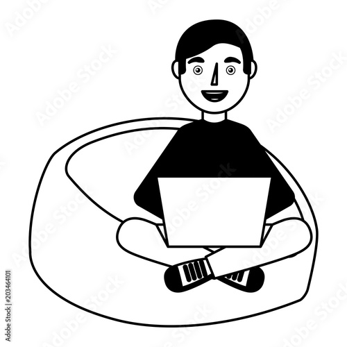 happy young man sitting bean bag in chair with laptop vector illustration