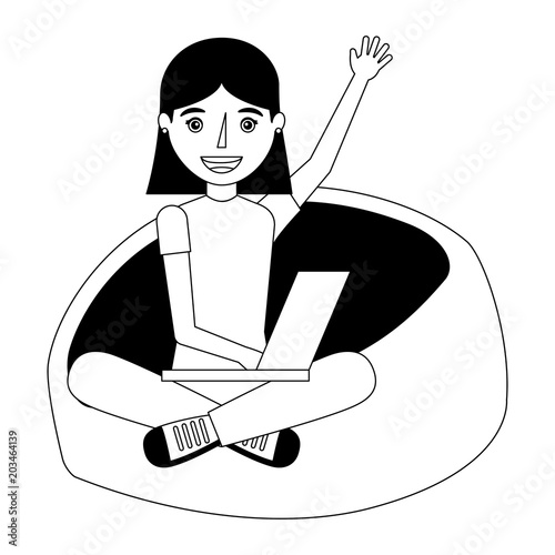 young woman with laptop sitting in the bean bag chair vector illustration