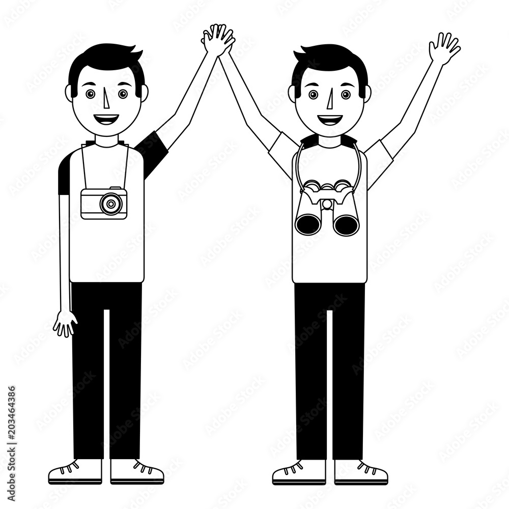 two happy young men raised hands with camera and binoculars vector illustration two happy young men raised hands with camera and binoculars vector illustration