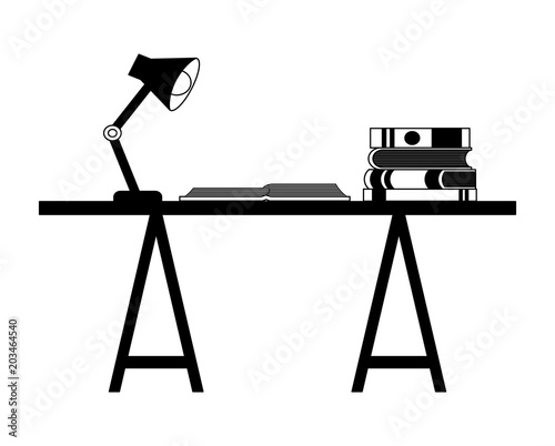 workspace desk book open and encyclopedias lamp vector illustration