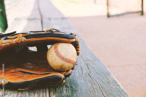 Baseball in glove laying on dugout bench before game. photo