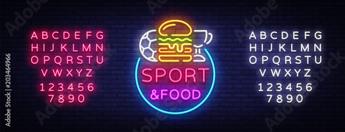 Sport Food Neon Sign Vector. Sports food logo in neon style, light signboard, bright billboard, night neon, sports bar, pub, dining room, football online, fan club. Vector. Editing text neon sign