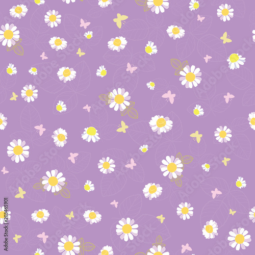 Purple white daisies ditsy seamless pattern. Great for summer vintage fabric, scrapbooking, wallpaper, giftwrap. Suraface pattern design.