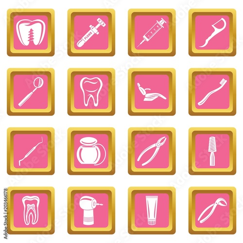 Dentist stomatologist icons set vector pink square isolated on white background 