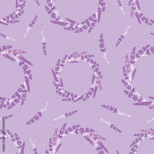 Lavender flowers wreaths purple seamless pattern. Beautiful violet lavender r...