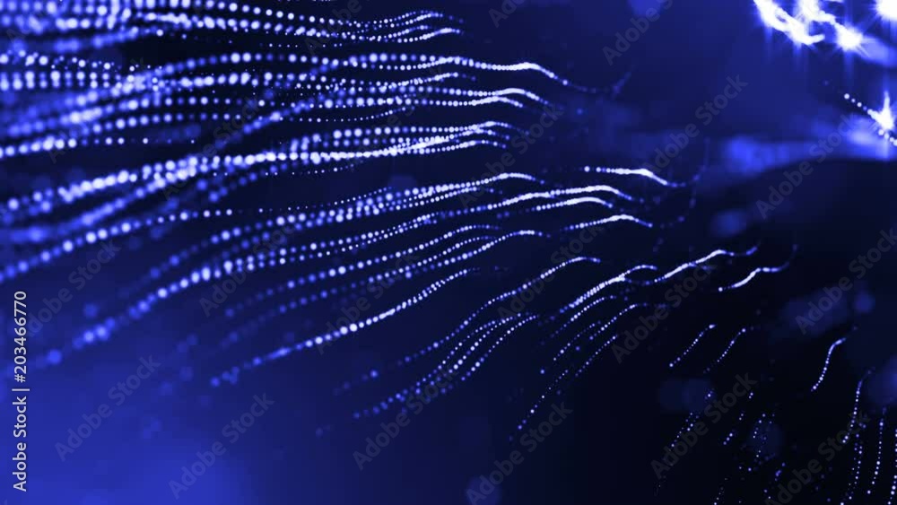 3d render of luminous particles as science fiction background or modern abstract blue background of particles with depth of field and bokeh like vj loop. Particles form line and wavy structure. 3