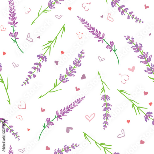 Lavender flowers and hearts seamless pattern. Beautiful violet lavender flowe...