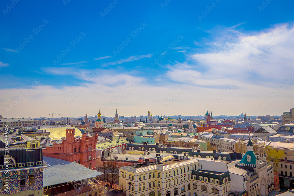 Fototapeta premium Beautiful panoramic aerial view of International Business Center in beautiful sunny day in the city of Moscow, urban skyline