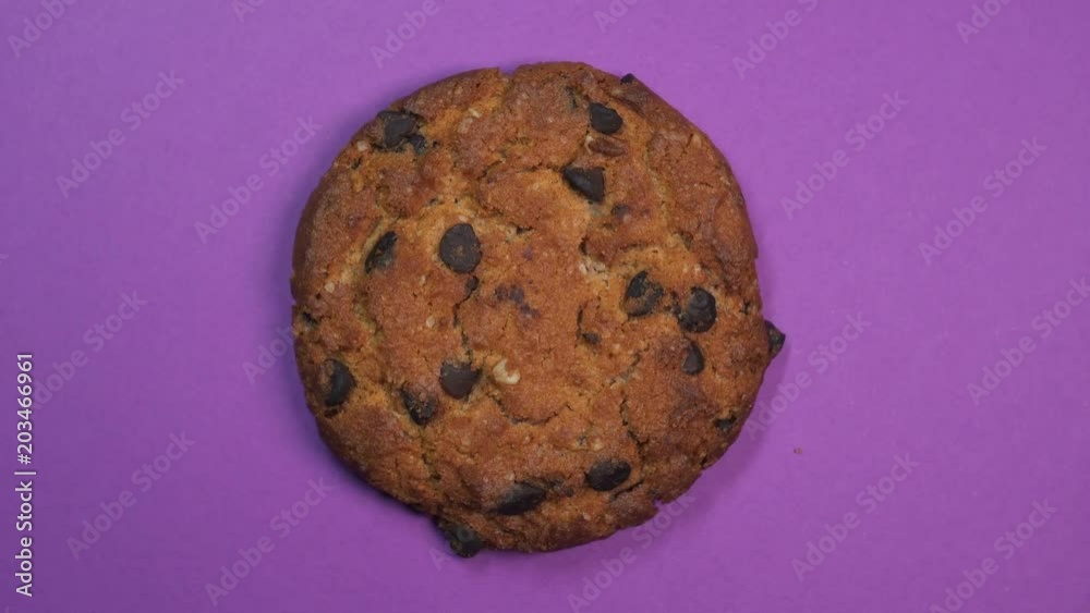 Chocolate chip cookie close-up, macro shot, fast spinning on a rotating purple background. Chocolate chip cookie close-up, macro shot, fast spinning on a rotating purple background.